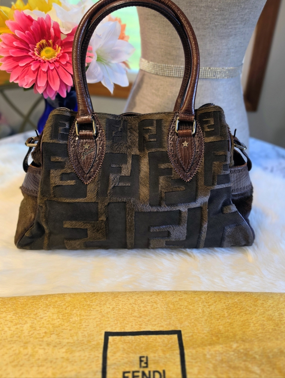 Fendi Zucca FF Pony Hair & Suede Satchel with Leather Handles EUC - Picture 12 of 16
